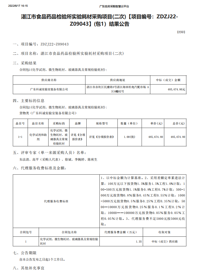 湛江市食品藥品檢驗(yàn)所實(shí)驗(yàn)耗材采購項(xiàng)目(二次)【項(xiàng)目編號(hào)：ZDZJ22-Z09043】(包1）結(jié)果公告(圖1)