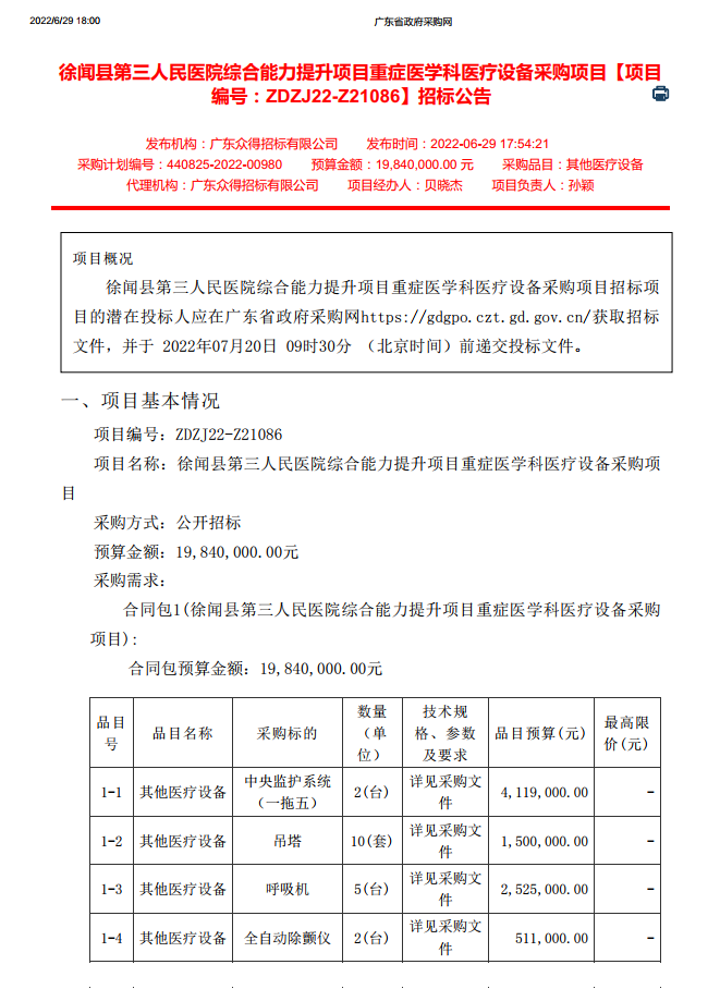 徐聞縣第三人民醫(yī)院綜合能力提升項(xiàng)目重癥醫(yī)學(xué)科醫(yī)療設(shè)備采購項(xiàng)目【項(xiàng)目 編號(hào)：ZDZJ22-Z21086】招標(biāo)公告(圖1)