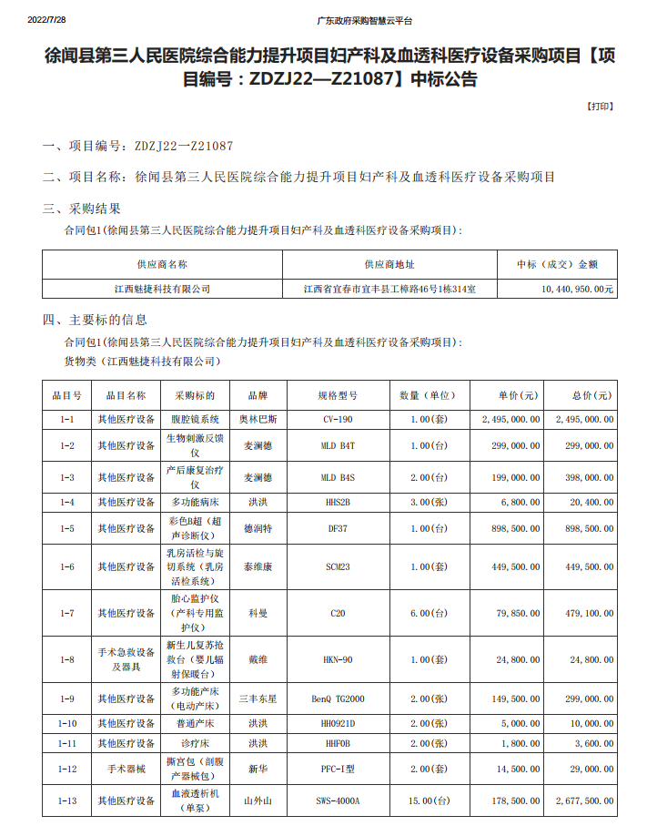 徐聞縣第三人民醫(yī)院綜合能力提升項(xiàng)目婦產(chǎn)科及血透科醫(yī)療設(shè)備采購(gòu)項(xiàng)目【項(xiàng) 目編號(hào)：ZDZJ22—Z21087】中標(biāo)公告(圖1)