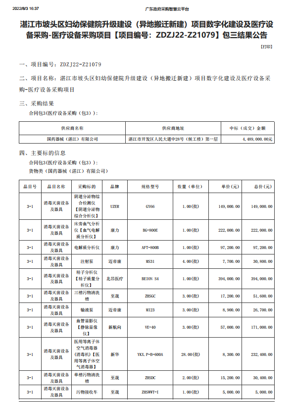 湛江市坡頭區(qū)婦幼保健院升級建設(shè)（異地搬遷新建）項目數(shù)字化建設(shè)及醫(yī)療設(shè) 備采購-醫(yī)療設(shè)備采購項目【項目編號：ZDZJ22-Z21079】包三結(jié)果公告(圖1)