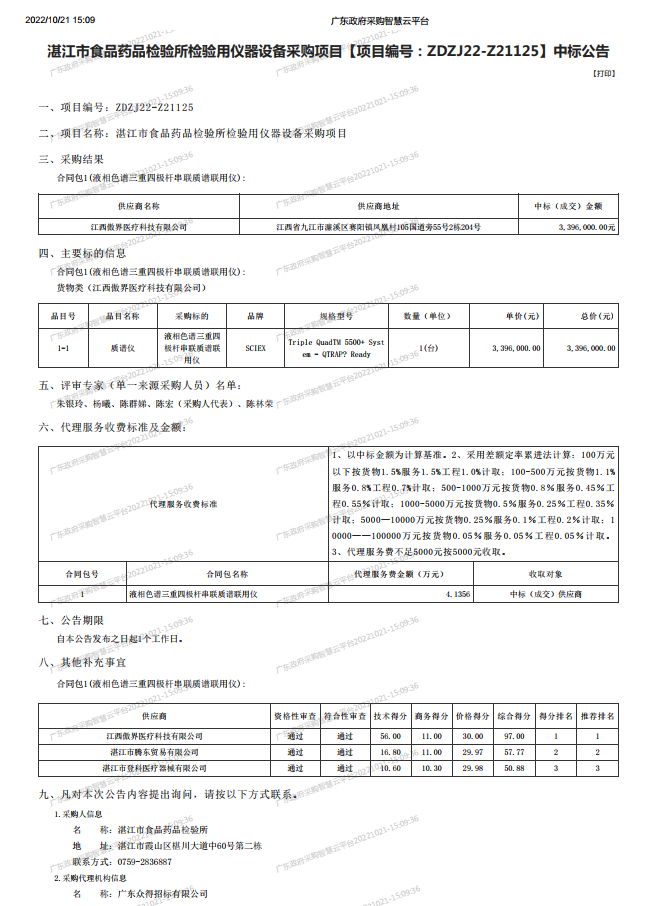 湛江市食品藥品檢驗(yàn)所檢驗(yàn)用儀器設(shè)備采購(gòu)項(xiàng)目【項(xiàng)目編號(hào)：ZDZJ22-Z21125】中標(biāo)公告(圖1)