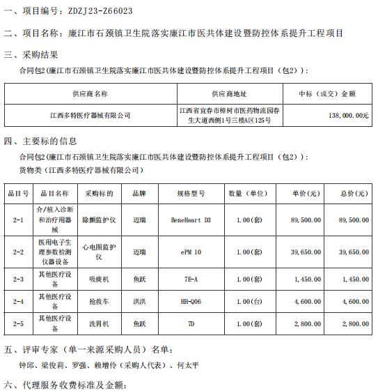 廉江市石頸鎮(zhèn)衛(wèi)生院落實廉江市醫(yī)共體建設暨防控體系提升工程項目【項目編號：ZDZJ23一 Z66023】包2結果公告(圖1)